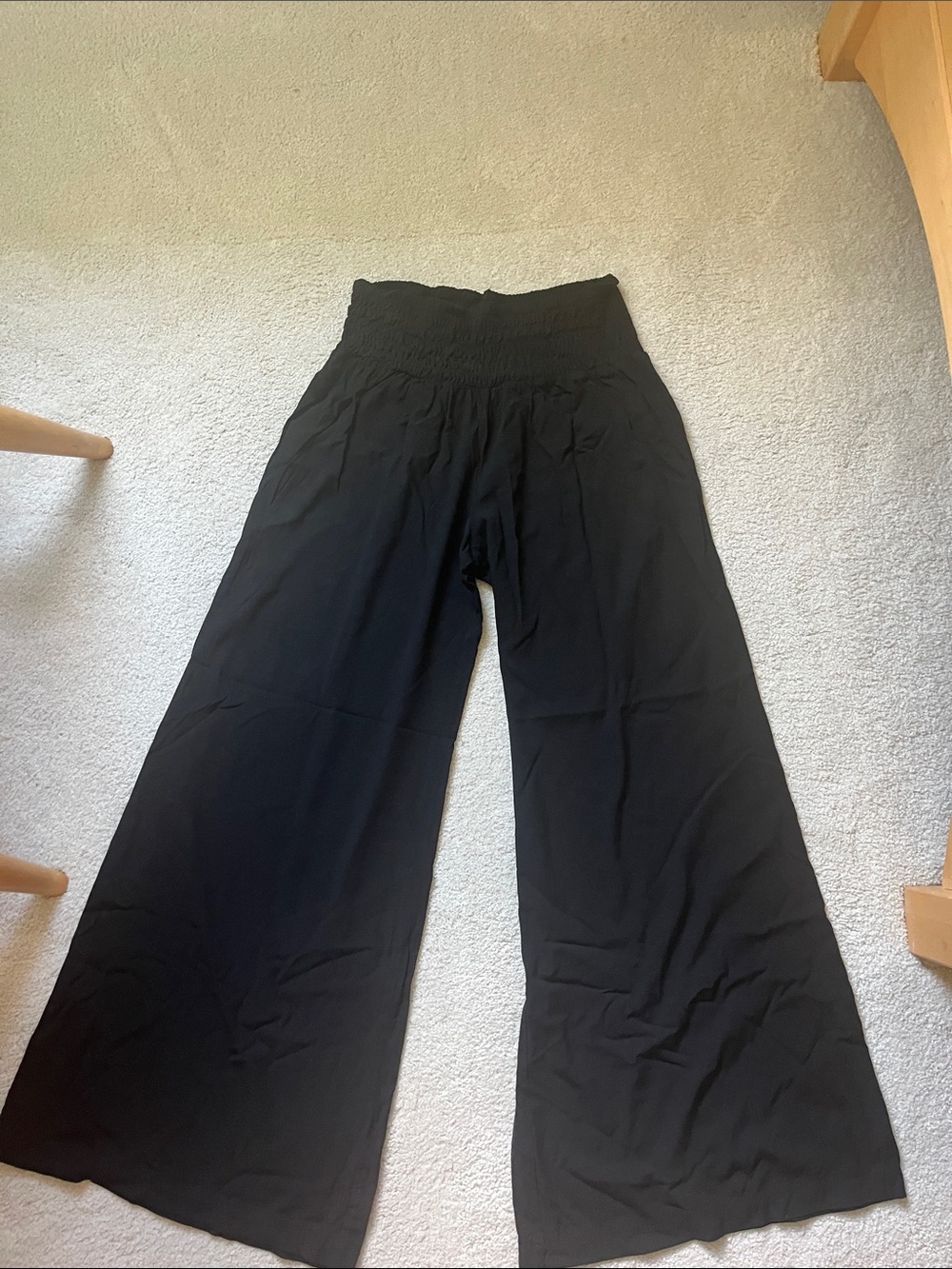 Smocked-Waist Black Wide Leg Women's Pants